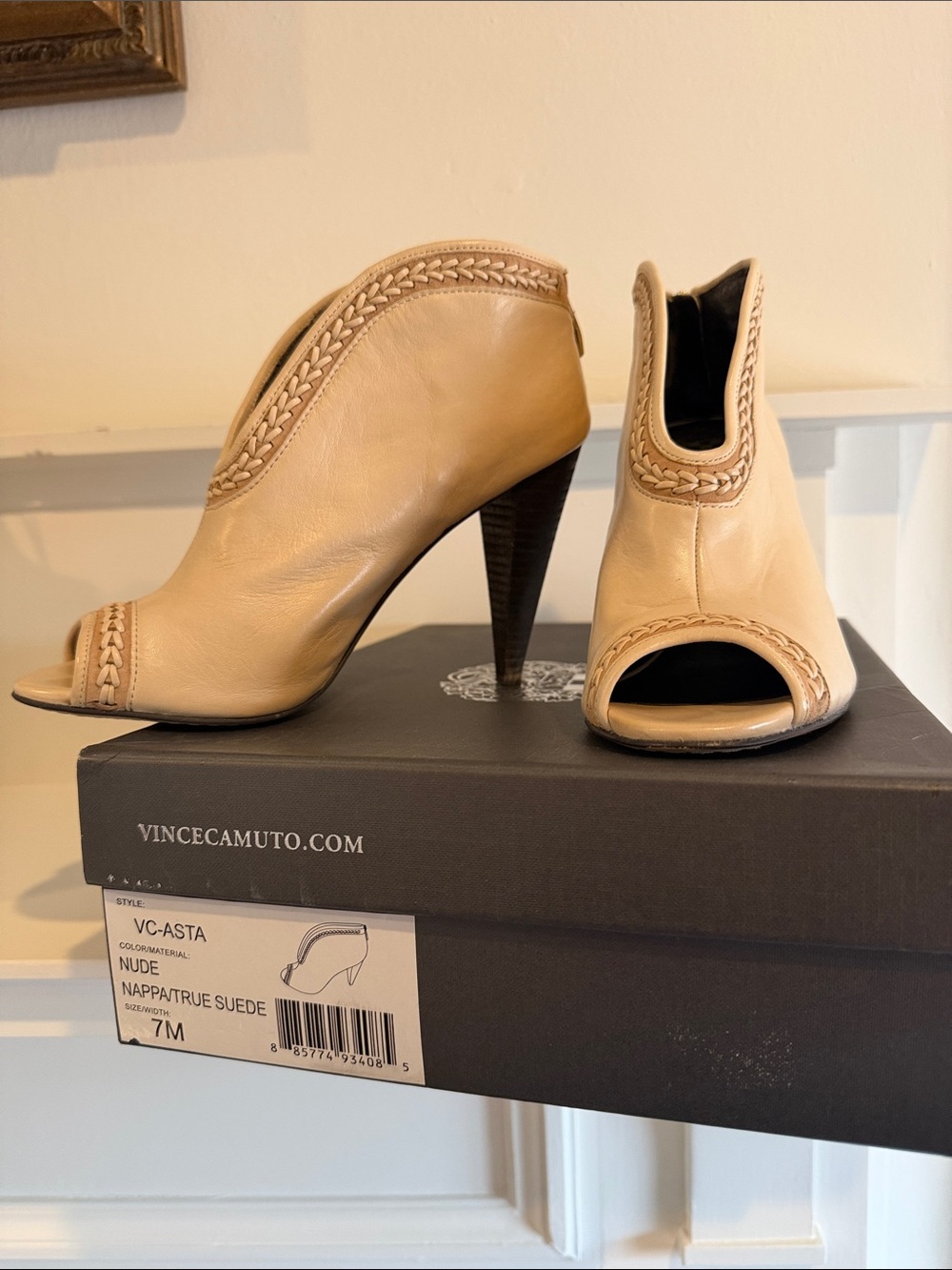 Vince Camuto Beige Peep-Toe Braided Leather Heels